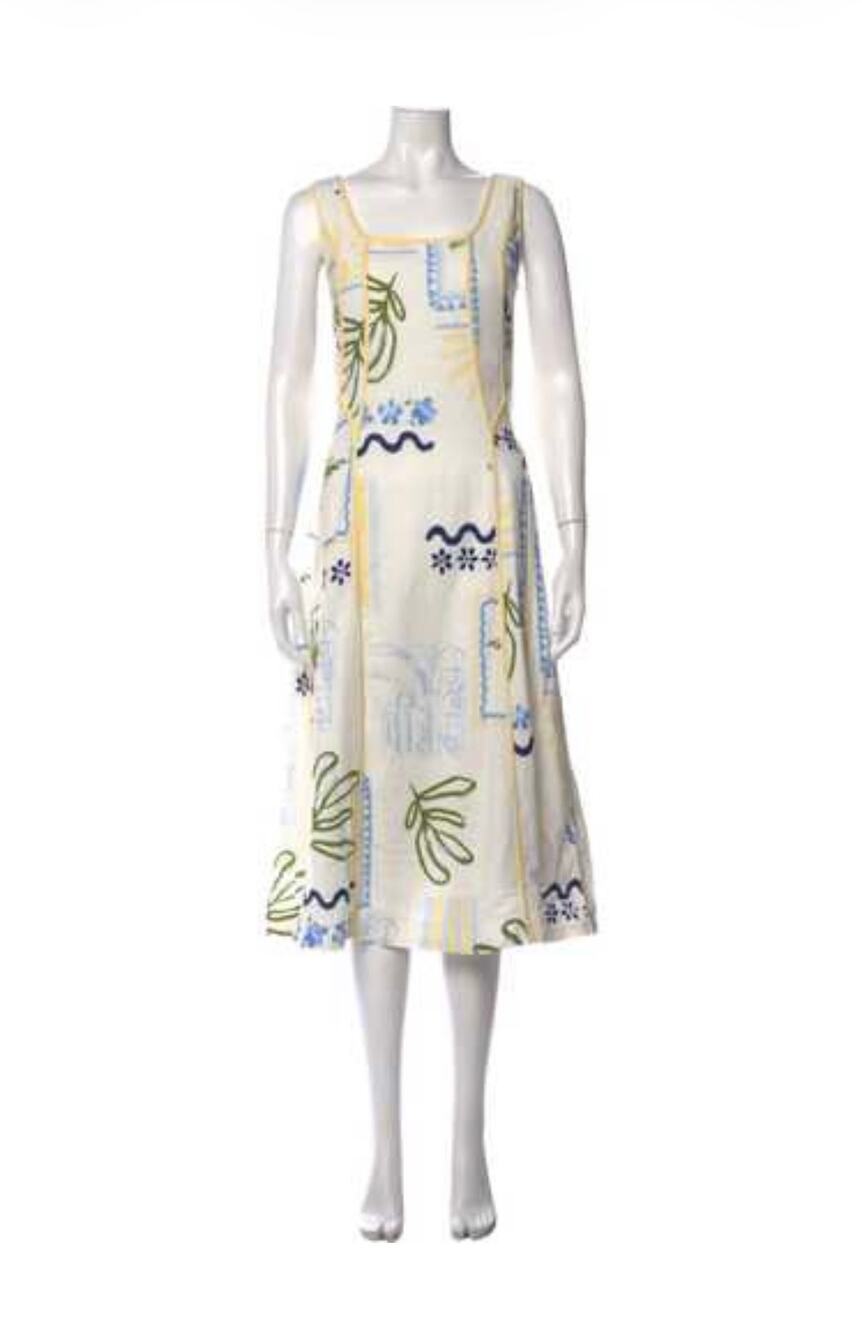 Caroline Constas Linen White and Yellow Tropical Midi Dress Large